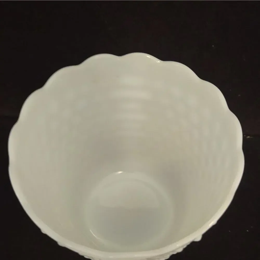 VTG Fire-King White Milk Glass Hobnail Bars Planter Vase Bowl Scalloped Rim